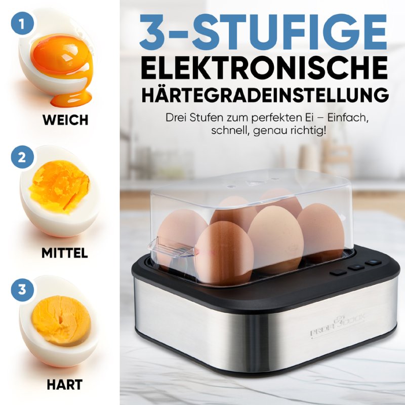 PROFI COOK cuiseur à œufs PC-EK 1276, fonction vocale, 6 œufs, acier inoxydable